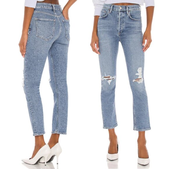 Agolde Riley High Rise Straight Crop Jeans in Whiplash Distressed - Picture 1 of 8